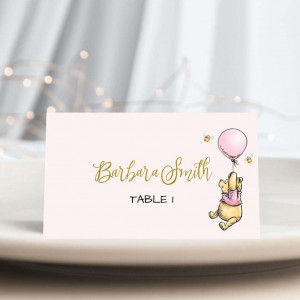 Pink Winnie The Pooh Place Card Template, Editable Place Cards or Food Card, Printable Flat and Folded Place Cards, Templett , #PWP