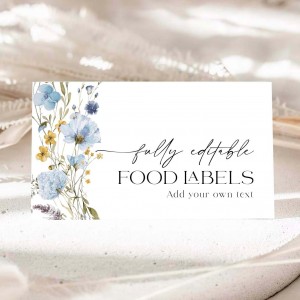 Baby Shower Food Label, Wildflower Food Labels, Editable Buffet Labels, Tent Card Food Labels, Blue Floral Place Cards  #BWFL