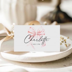 Pink Bow Place Card Template Flat and Foldable Table Seating Card Editable Printable Name Card Canva BOWP