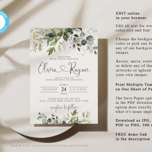 CHLOE - Wedding Invitation Template with QR Code, Boho Wedding Greenery Template, Eucalyptus Templett Invitation , Wedding Bundle